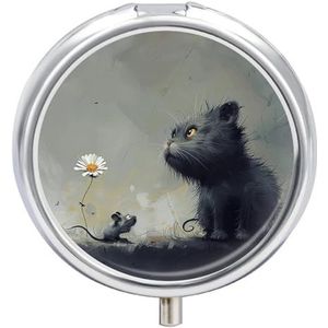Cat Pictures Pillendoosje 3 compartimenten reispillenorganizer 3 keer per dag schattige mini-pillenetui voor portemonnee en zak, draagbare metalen medicijndoos met spiegel, ronde dagelijkse