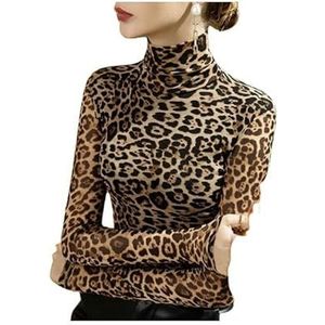 Leopard Shirt Women Leopard Thickening Warm Shirt Mock Neck Bottoming Tops Women Elegant Office Long Sleeved T-Shirt-Black Warm-L