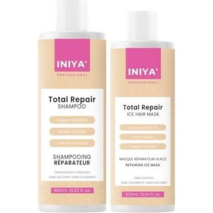 Sulfaatvrije shampoo en reparatieverzorging, Iniya Duo reparatieset, 400 ml en herstellend masker, 300 ml, Braziliaans gladmaken en tannine