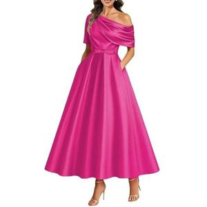 KIYNE Satijnen damesjurken voor moeder van de bruid, theelengte voor bruiloft, korset, A-lijn, formele avondjurk, feestjurk, roze (hot pink), 34