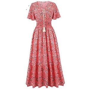 HJUGHPN Dames Jurken Lente Zomer Dot Print Rode Jurk Vrouwen Casual Vlinder Mouw Ruches Medium Lange Chiffon Jurk, 1 kleur, L