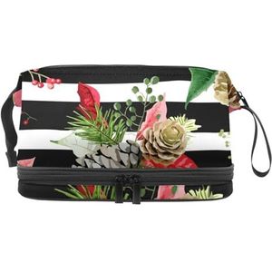 Vintage kerstster bloemen op zwart witte strepen dubbellaagse make-uptas voor dames en meisjes, reistoilettas make-up handige tas organizer tas met borstelvak, Meerkleurig, 27x15x14 cm/10.6x5.9x5.5