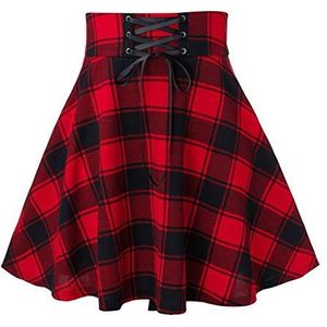 Kanpola A-lijn rok voor dames, plooirok, korte hoge taille, geruite rok voor dames, geplooide jurk met tailleband, herfst, winter, skaterrok, slim fit, party, vrijetijdsrok, rood, XXL