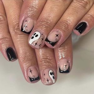 Vierkante korte nepnagels - Halloween-stijl, transparante basis met ster-spookpatroon, nepnagels met lijm - glanzende, volledig dekkende persnagels, DIY-nagelkunst