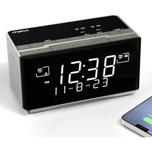 FM- en DAB-radiowekker met USB-oplaadpoort, Bluetooth-stereoluidspreker, hoofdtelefoonaansluiting, dubbel alarm, snooze, dimbaar LCD-scherm iTOMA 3501