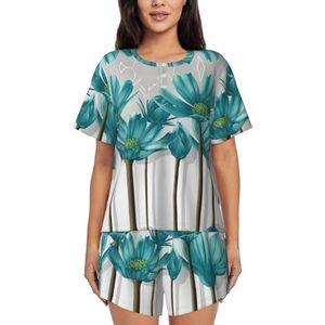 JEJEA Teal Grijs En Wit Bloemenprint Vrouwen Korte Mouw Tee Nachtkleding Korte Sets Korte Pyjama Sets Zachte Pj Lounge Sets, Zwart, L