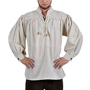 Middeleeuws shirt met opstaande kraag en lange mouw met vetersluiting katoen linnen naturel - L
