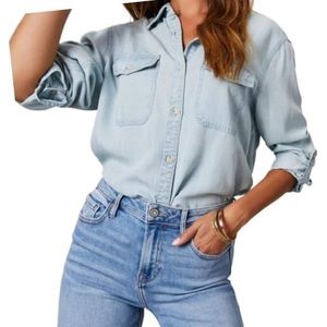 LoprNsdgt Button Down Denim Shirts Voor Dames Gewassen Lichtgewicht Business Casual Jean Tops,Light blue,L
