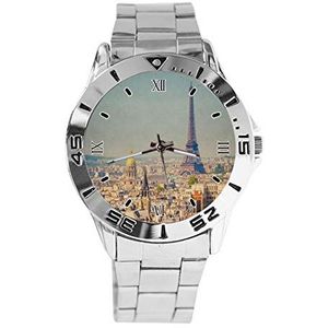 Eiffeltoren Mode Dames Horloges Sport Horloge voor Mannen Casual Rvs Band Analoge Quartz Horloge, Zilver, armband