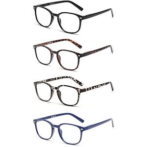 JM Leesbril, verziendheid, veerscharnier, heren, dames, bril, 4 stuks, 4 stuks (zwart, marineblauw, schildpad, grijze schildpadschubben), 2.50
