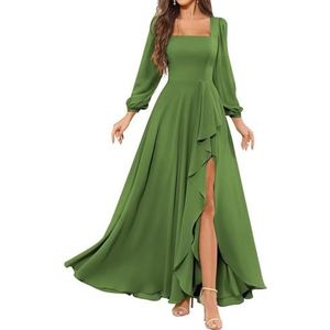 HPPEE Bruidsmeisjesjurken met lange mouwen en split ruches vierkante hals chiffon formele avondjurk, Olijfgroen, 32