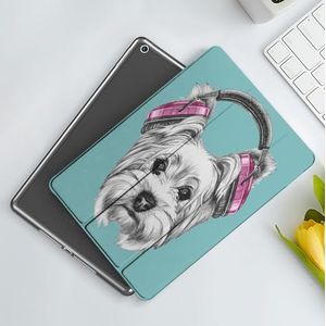 CONERY Hoesje compatibel iPad 10,2 inch (9e/8e/7e generatie) Yorkie, hond met hoofdtelefoon muziek luisteren Yorkshire terriër handgetekende karikatuur, lichtblauw Wh, Slim Smart Magnetische Cover met