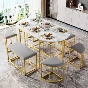 Aunvla Eetgroep (set, met eettafel, 4 kleine krukken en 2 grote krukken), keuken eettafel set met stalen frame, modern wit en goud, 140 x 70 x 76 cm, belastbaar 120 kg