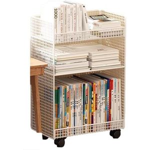 Rollende Boekenplank, Mobiele Boekenplank Op Wielen Compacte Bureau-opslagorganisator Trolley Vloerstaande Metalen Boekenplank/hoekdisplayrek Tijdschriftenrek For Smalle Ruimtes (Color : White, Size