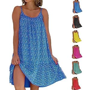 Hemdjurk met bloemenprint, zomerjurk met spaghettibandjes for dames, casual tankjurk met spaghettibandjes, zomerjurken for strandjurken met losvallende pasvorm for dames (Color : Blue, Size : L)