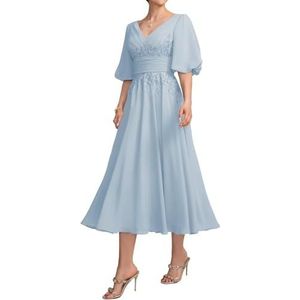 HPPEE Damesjurk voor dames, lange jurk voor moeder van de bruid met kant, applicatie, pofmouwen, chiffon, formele avondjurk, Hemelsblauw, 32