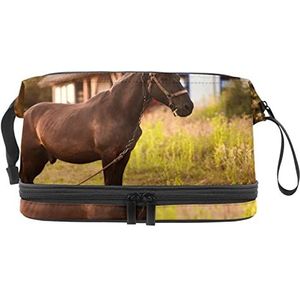 Multifunctionele opslag reizen cosmetische tas met handvat,Bruin paard,Grote capaciteit reizen cosmetische tas, Meerkleurig, 27x15x14 cm/10.6x5.9x5.5 in