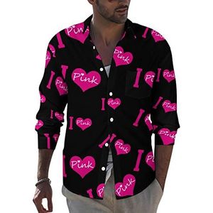 I Love Roze Heren Button Down Lange Mouw Shirt Causale Strand Tops Met Pocket Regular Fit