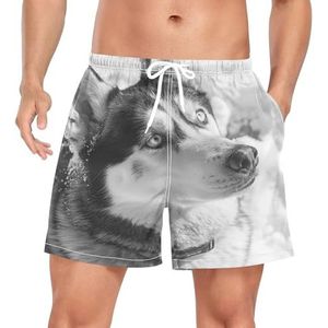 Niigeu Art Husky Dog Zwart Wit Zwembroek voor heren, sneldrogend, met zakken, Leuke mode, XL