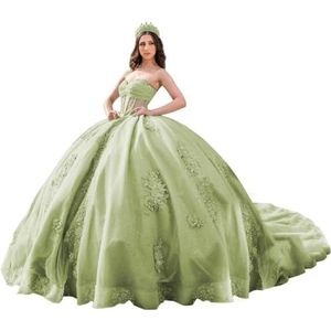 Fuomomo Quinceanera Prinsessenjurk met ruches en staart Quinceanera jurk van tule met parels schattige jurk 16 MT052, Salie, 30 NL