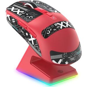 VGN GAMEPOWER Superlight X6 draadloze gamingmuis, oplaadstation, 49 g, ultralicht, gamingmuis, 26000 dpi, sensor PixArt 3395, 2,4 G/bedraad/Bluetooth, batterij 200 uur, Mouse Grip Tape, Rood