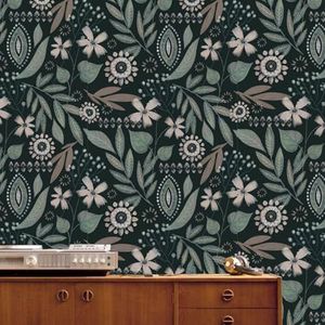 Behang Beige Groene Bloem Schil en Stok Zelfklevend Behang voor Woonkamer Badkamer Slaapkamer Art Deco Muur Papier Keuken Wallpapers Verwijderbaar 40X120cm/1 rol