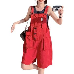 QOUERUUE Womens Denim Overalls Romper Zomer Casual Loose Fit Jean Romper Korte Jumpsuits,Rood,L