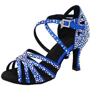 MGM-Joymod Dames-dansschoenen met open teen, gekruiste bandjes en strass-steentjes, geschikt voor tango, ballroom, latin- en moderne dans, schoenen voor bruiloft en feest, Blue 7 5cm Heel, 41 EU