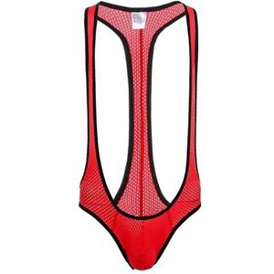 NewBull Borat Mankini voor heren, sexy, net, jockstrap, bodysuit, ademend, rekbaar, pyjama, cosplay, lingerie, badpak (FR/ES, Alpha/letters, één maat, normale maat, rood)