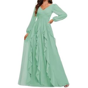 Prinses Bruidsmeisje Jurken Lange Mouw Prom Jurken V-hals Chiffon Formele Avond Party Maxi Jurk ZM208, mintgroen, 32