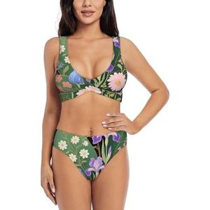 Zelinge Dames bikinisets sportief 2-delig badpak hoog getailleerd badpak S-XXL, Bloemen boeket op donker, S