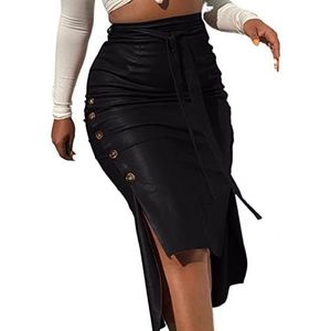 KURTIK Lederen rok, lederen rokken voor dames dames PU lederen midi-rok effen kleur hoge taille vetersluiting zijknoop slanke skinny kokerrok voor dames streetwear, Zwart, S