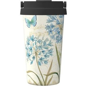 Blauwe bloemenprint reizen koffiemok lekvrije thermosbeker geïsoleerde beker, voor kantoor camping