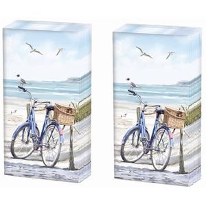 20 afzonderlijke zakdoeken andere fiets met mand op het strand. 2 verpakkingen met 10 afzonderlijke papieren zakdoeken bedrukt als cadeau.