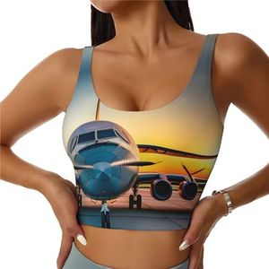 Vliegtuig Vliegtuig bij zonsondergangen Print Comfortabele Vrouwen Sport Vest Yoga Workout Vest voor Vrouwen Lichtgewicht Zomer, Zwart, S