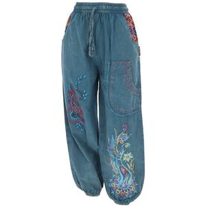 GURU SHOP Brede pofbroek met brede tailleband, mandala-borduurwerk, dames, katoen, jeansblauw, 38
