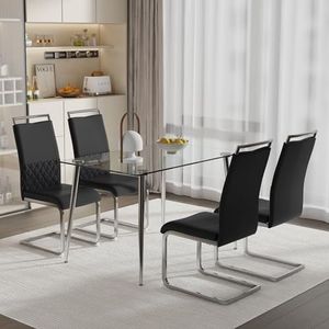 Aunvla Moderne eetkamerstoelen, set van 4, rugleuning van PU-kunstleer en linnen, hoge rug beklede zijstoel, dwarsstrepen rugleuning design voor eetkamer, keuken, gast bureaustoel, zwart