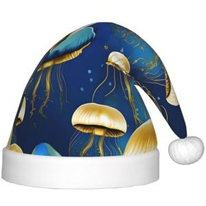 ZISHAK Blauwe en gouden kwallen feestelijke pluche kerstmuts voor kinderen-levendige en duurzame vakantie decoratieve hoed