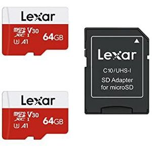 Lexar Micro SD Kaart 64GB 2-Pack E-Serie, microSDXC UHS-I Geheugenkaart met Adapter - Tot 100 MB/s, A1, U3, Class10, V30, Hoge Snelheid TF-kaart (2 microSD-kaarten + 1 Adapter)