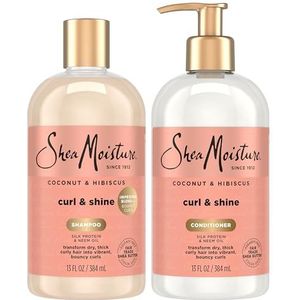 Shea Moisture Coconut & Hibiscus Curl & Shine shampoo en conditioner, set, met zijdeproteïne en neemolie, flessen van 384 ml