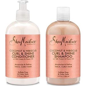 Shea Moisture Coconut & Hibiscus Curl & Shine shampoo en conditioner, set, met zijdeproteïne en neemolie, flessen van 384 ml
