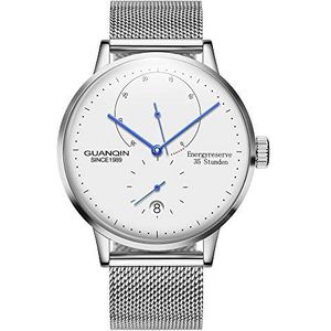 Guanqin Mannen kalender horloges analoge automatische zelfopwindende mechanische polshorloge met roestvrij staal lederen band, Zilver Wit, 42Mm, armband