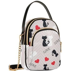 Mnsruu Vrouwen meisjes crossbody tas, zwart wit kat hart dames schoudertas, mobiele telefoon handtassen portemonnee portemonnee geschenken, A407