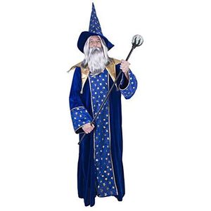 Magische Isior Magier kostuum voor heren - blauw goud - heks robe en hoed voor themafeest en carnaval