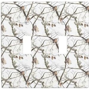 ZhaoYuGoods Wandplaat met witte boom, camouflageprint, dubbele tuimellichtschakelaar, stopcontact, 2-voudig, 11,4 cm x 11,4 cm, decoratieve pc-frontplaat voor thuis en op kantoor