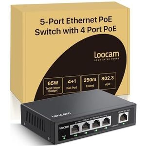 Loocam PoE-switch met 5 poorten, 4 PoE+ poorten met 1 uplinkpoort, 10/100 Mbps onbeheerde ethernetswitch voor 65 W, IEEE802.3af/at, metalen behuizing, tafel- of wandmontage, plug & play