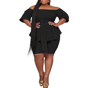 Dames Plus Size Casual 2-delige Outfits, Sexy Off Shoulder Korte Pofmouwen Tops Met Riem En Bodycon Korte Broekset (Color : Black, Size : 3XL)