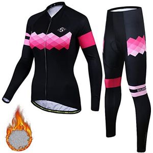 Fietsshirt voor dames, winter, wielrennen, fleece, thermo-fleece, lange mouwen + broek met 3D-gelvoering voor straat- en mountainbike, B, M