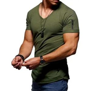 LQHYDMS T-shirts Mannen Mannen T-Shirt Effen Kleur Zip Pocket V-hals Korte Mouw T-Shirt Fit Plus Size Tee Stijlvolle Top Zomer, Ar Groen, 4XL