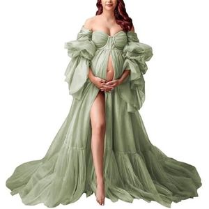 KIYNE Zwangerschapsjurk met lange mouwen voor fotoshoot, tule bruidsjurk, zwangerschapsjurk voor babyborrel, Sage Groen, 34